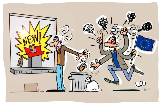 A cartoon depicting a man dropping a mobile phone into a litter bin, while looking at a new phone displayed on the shop window. He ignores activists who practice what they preach about reducing e-waste, while holding an EU flag and a spanner. Image courtesy of EJOLT.